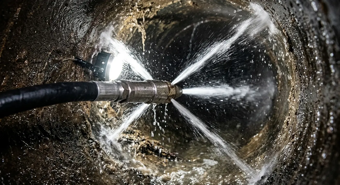 High-pressure hydro jetting nozzle cleaning sewer pipe for Emergency Drain Service in New Gloucester