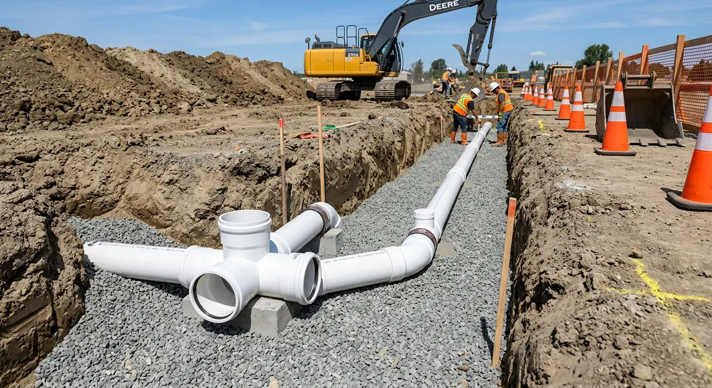 New PVC sewer pipe installation in open trench for Commercial Drain Cleaning in New Gloucester