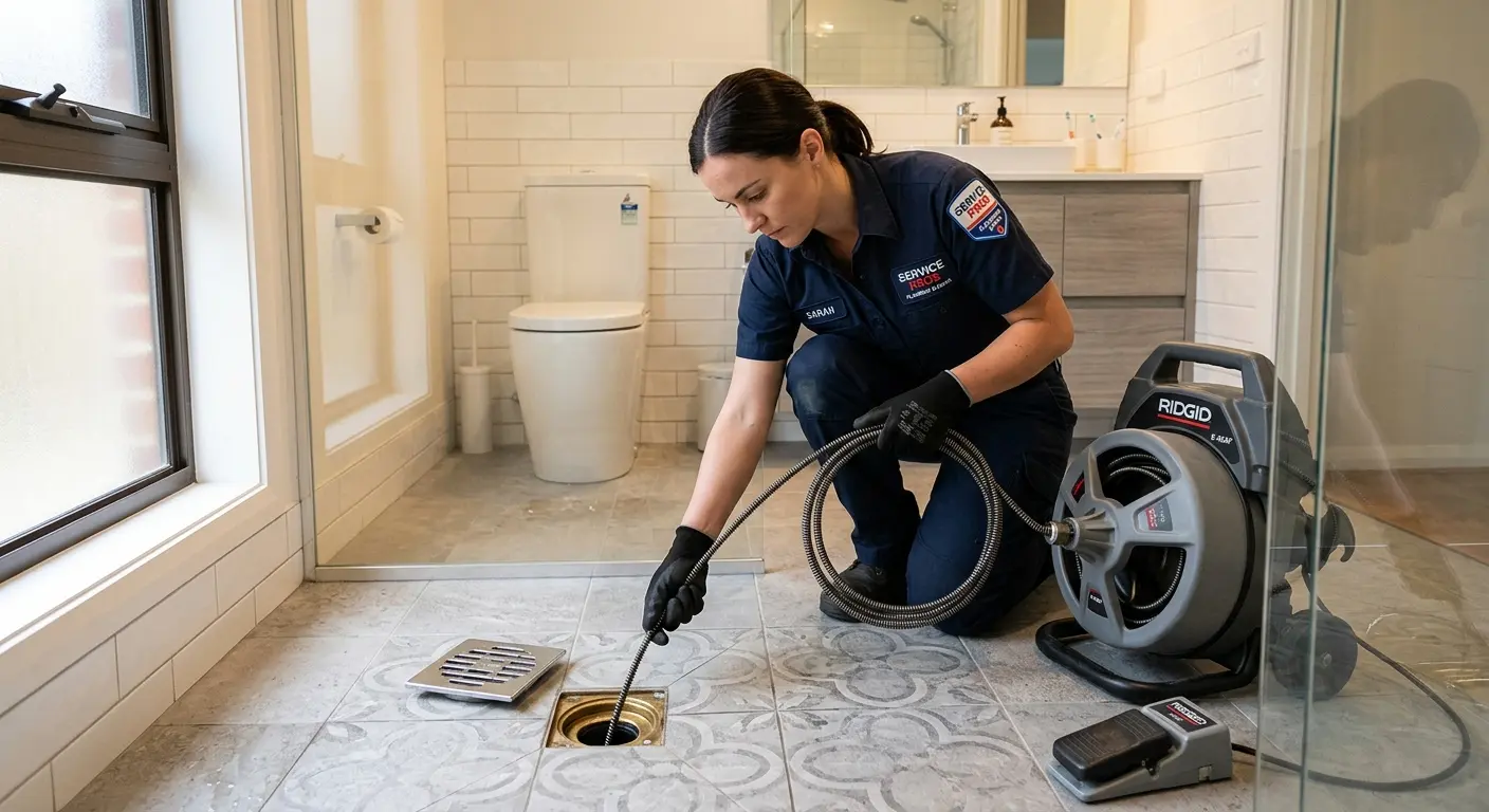 Technician clearing a bathroom floor drain for Drain Cleaning in New Gloucester